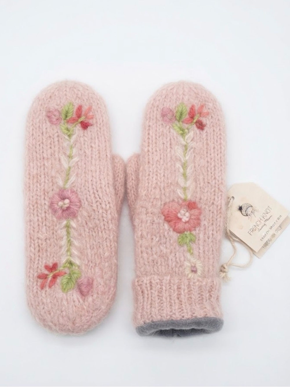 NWT French Knot Hand-Embroidered Floral Knit Mittens Pink Fleece Lined